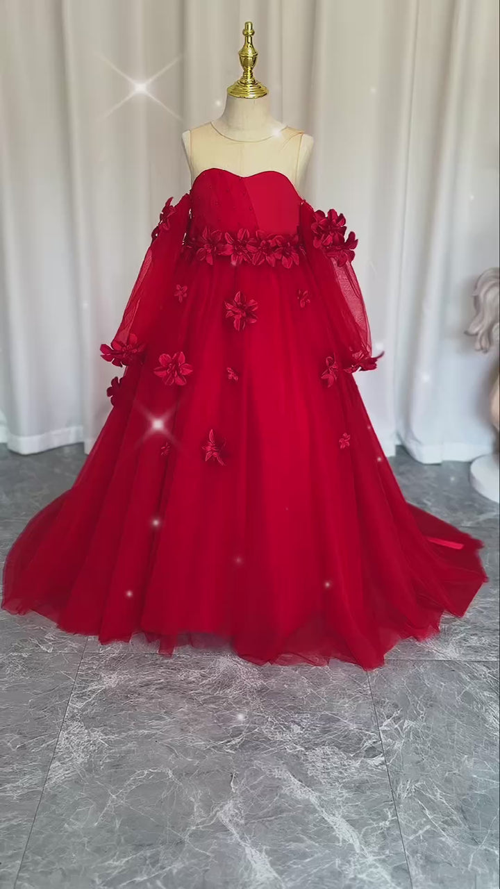 DreamyVow Elegant 3D Flowers Red Girl Dress Long Sleeve Princess Gown J274