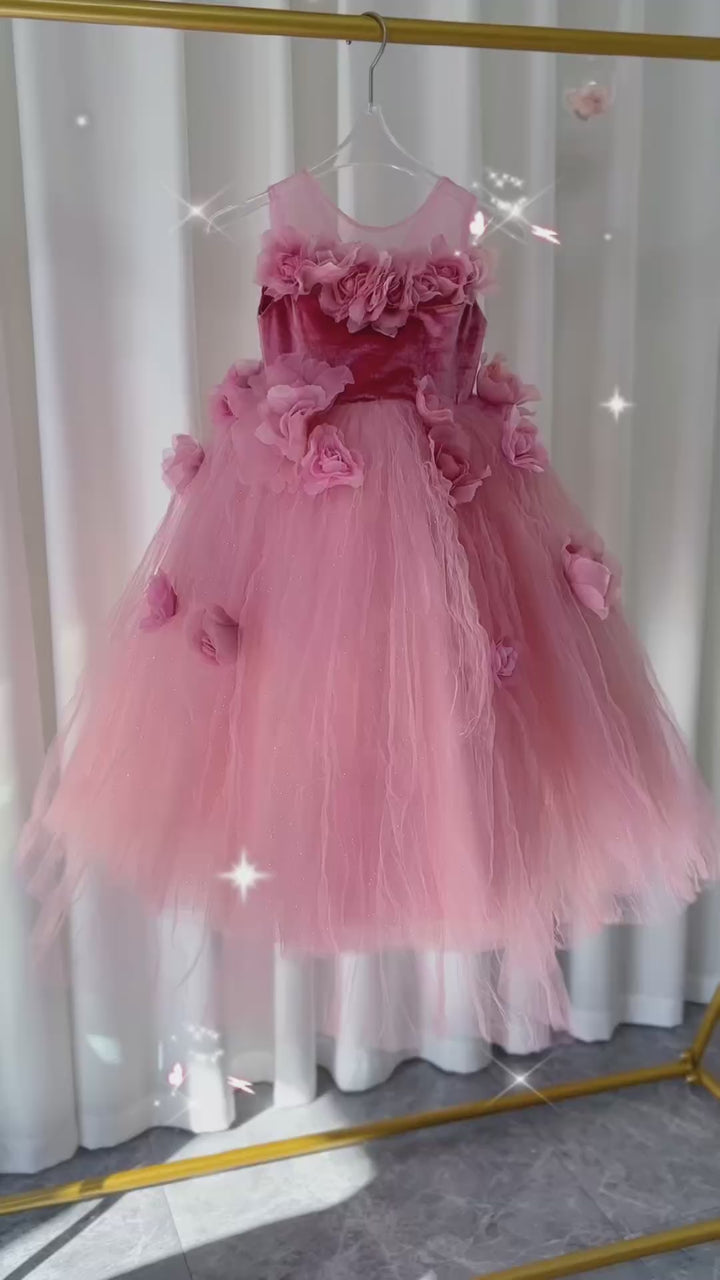 DreamyVow Pink Girl Dress Handmade Flowers for Kids Birthday Party J139