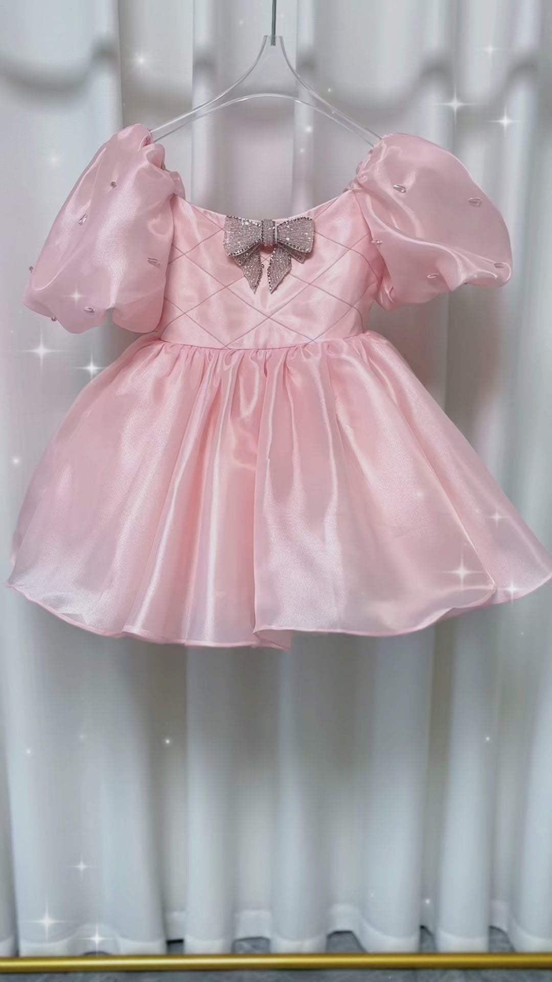 DreamyVow Luxury Pink Girl Dress Beaded Puffy Sleeve Bow Dubai Princess J374