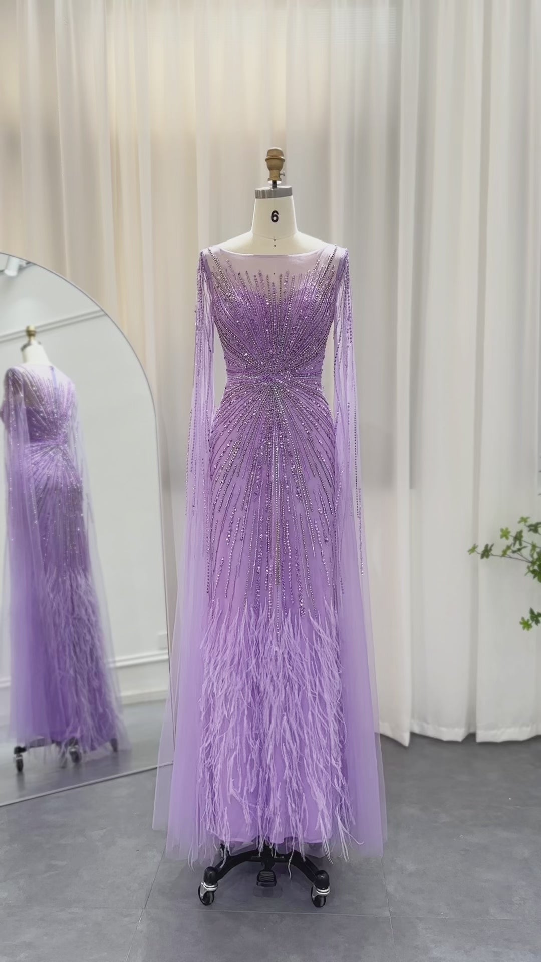 Dreamy Vow Luxury Dubai Lilac Feathers Evening Dresses with Cape Sleeves 2024 Arabic Long Women Wedding Party Prom Dress SS196