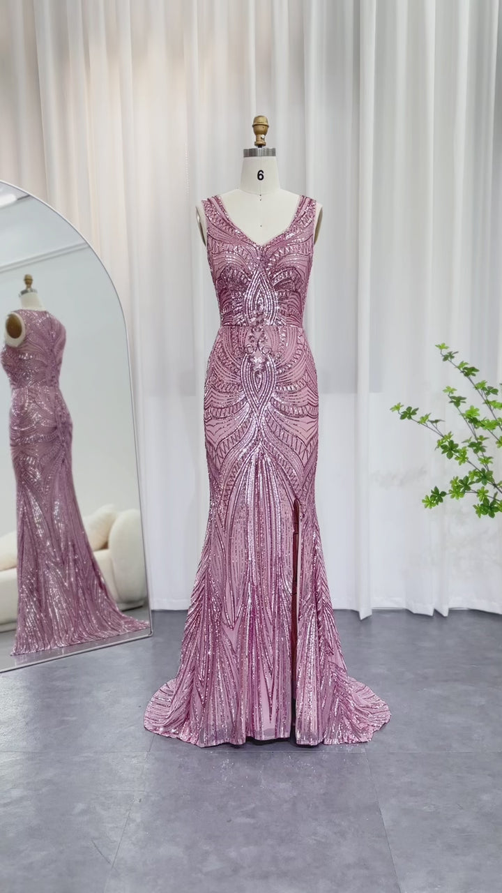 Dreamy Vow Elegant Pink Sequined Mermaid Evening Dresses for Women Wedding Party Sexy V-Neck Long Graduation Prom Dress SS031