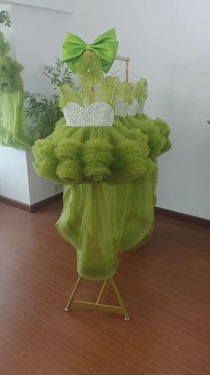 DreamyVow Elegant Green Pearls Flower Girl Dress Princess Baby Kids Gown J301