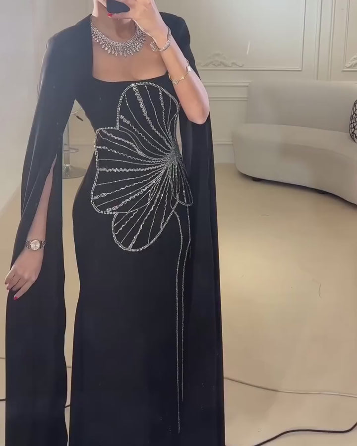 Dreamy Vow Elegant Black Luxury Beaded Arabic Evening Dress with Cape Sleeves Long Dubai Women Wedding Party Gowns SS275