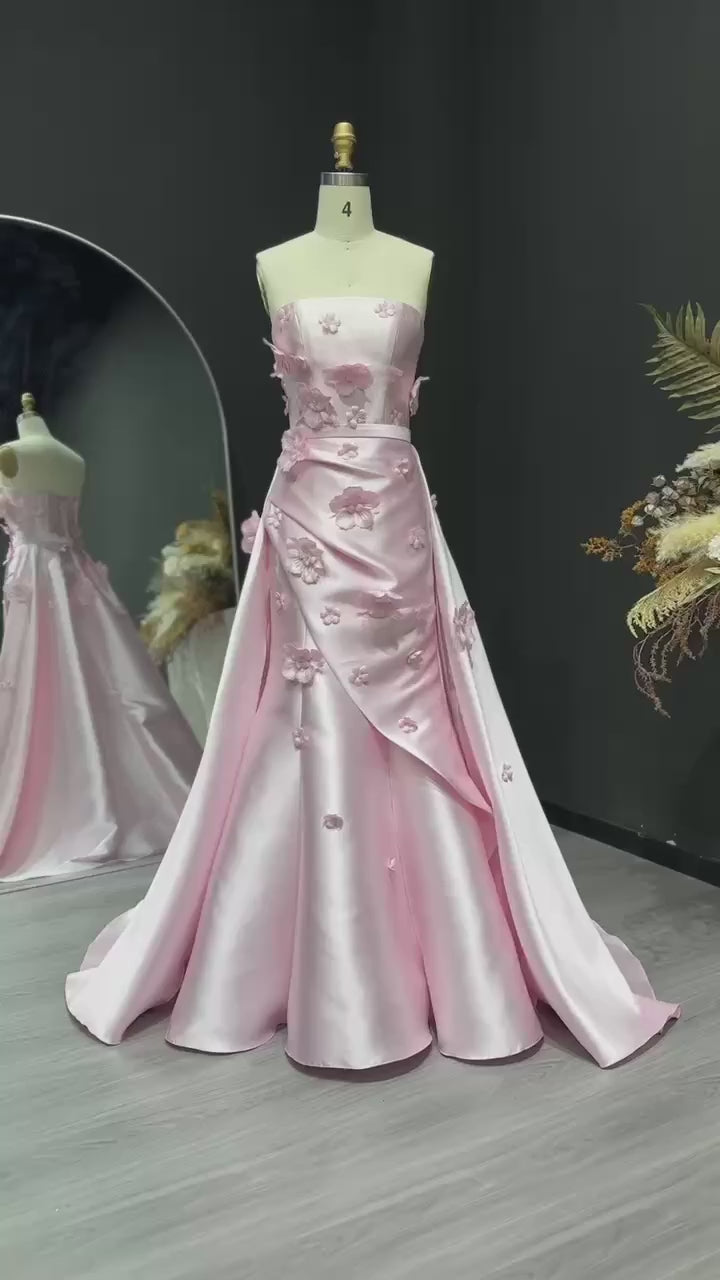 Pink 3D Flowers Mermaid Evening Dress with Detachable Overskirt SF274