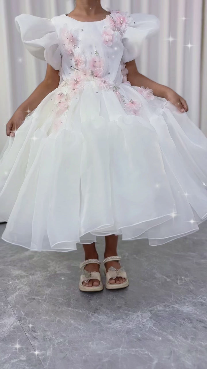 DreamyVow Luxury Dubai White Girl Dress 3D Flowers Beading Ball Gown for Kid Wedding Birthday Communion Party Pageant 2024 J348