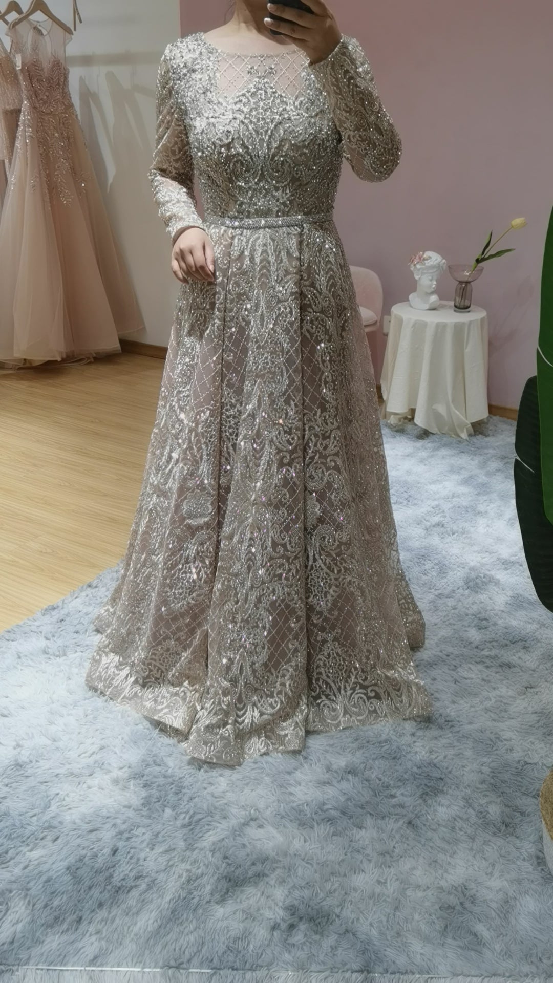 Dreamy Vow Elegant Nude Muslim Evening Dress Long Sleeve Luxury Crystal Dubai Plus Size Women Formal Dresses for Wedding Guest Party SS191