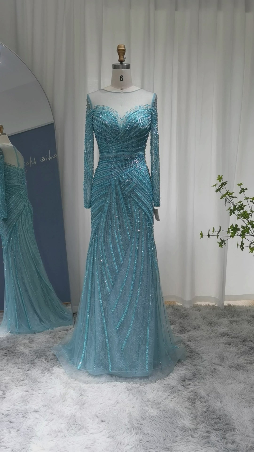 Dreamy Vow Luxury Dubai Blue Mermaid Evening Dresses for Women Wedding 2023 Elegant White Long Sleeve Formal Prom Gowns SS112