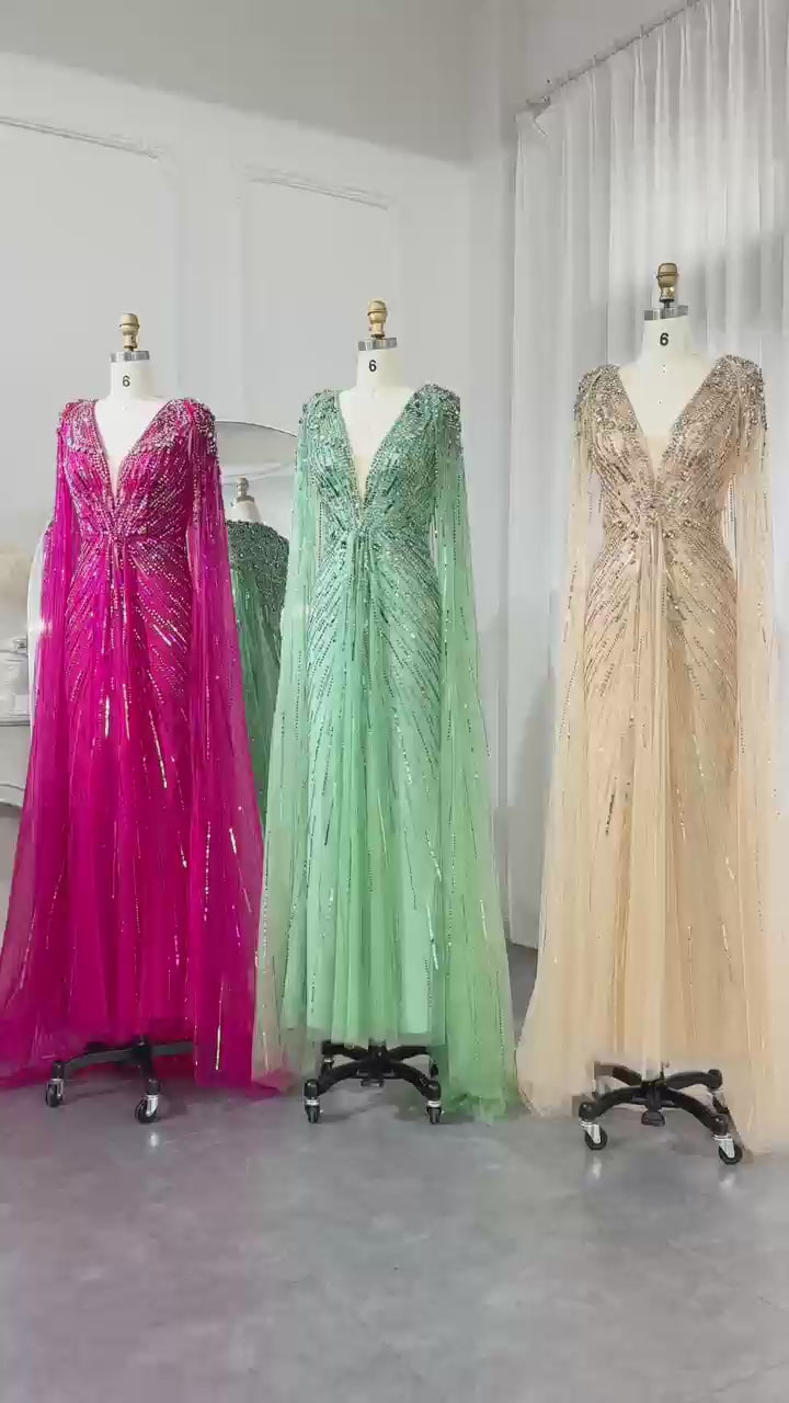 Dreamy Vow Luxury Dubai Sage Green Evening Dresses with Cape Fuchsia Crystal Gold Elegant Women Wedding Formal Party Gown SS399