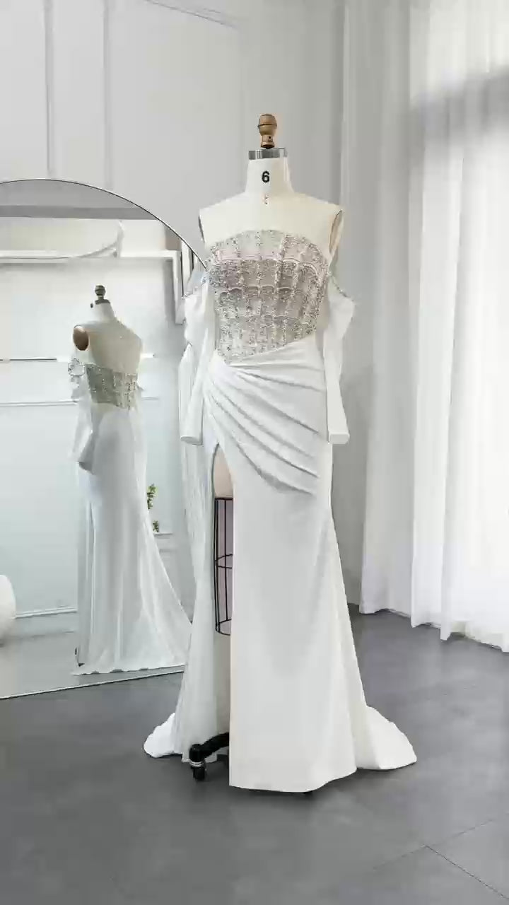 Dreamy Vow Luxury Dubai Mermaid White Evening Dress 2023 Sexy Scalloped High Slit Prom Dresses for Women Wedding Party SS416
