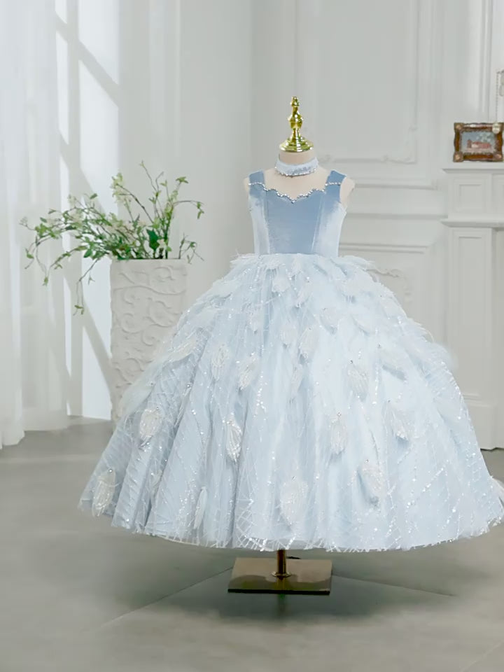 DreamyVow Luxury Dubai Sky Blue Girl dresses High-Neck Feather Arabic Princess Kids Birthday Wedding Party Ball Gown J128