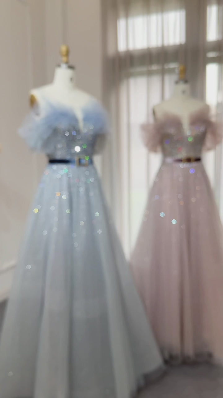 Dreamy Vow Bling Pink Luxury Dubai Evening Dresses with Belt Elegant Off Shoulder Blue Arabic Women Wedding Party Gowns SS375