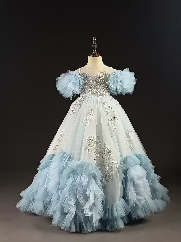 DreamyVow Luxury Blue Dubai Flower Girl Dress Beading Arabic Princess Kids Wedding Birthday Party Long Ball Gown 2024 J387