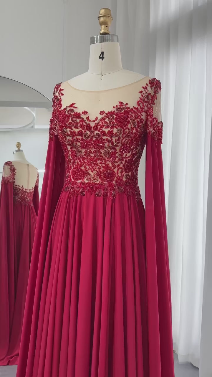 Dreamy Vow Elegant Wine Red Chiffon Beaded Luxury Evening Dress with Cape Sleeves SS298