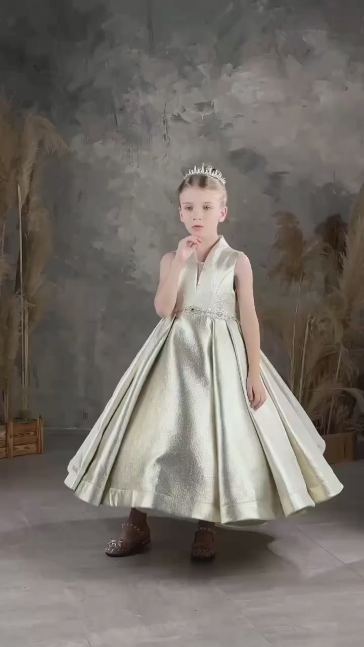 DreamyVow Elegant Champagne Flower Girl Dresses Beads Formal Princess Gown for Kids Children Birthday Wedding Party Show J132