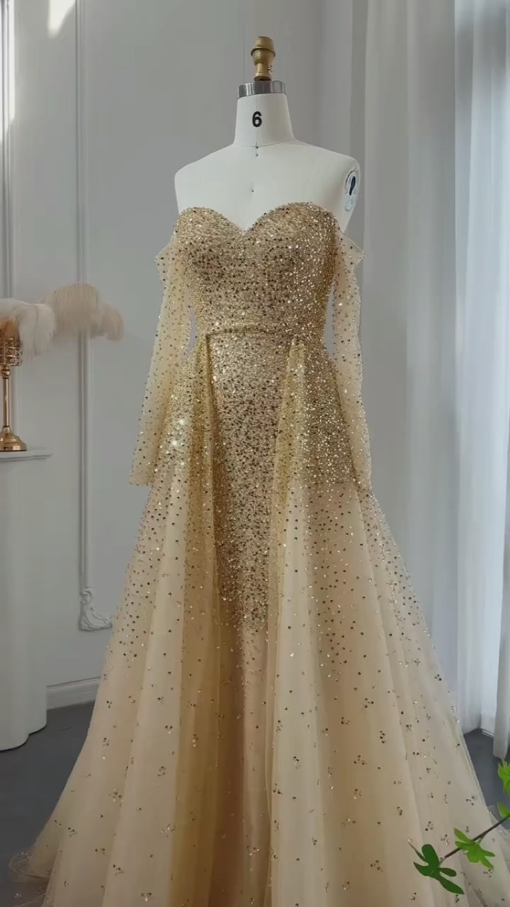 Luxury Champagne Gold Mermaid Evening Dress with Detachable SS410