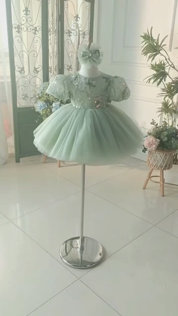 DreamyVow Elegant Sage Green Arab Girl Dress Sequined Dubai Kids Princess Birthday Wedding Party Children Holiday Gown 2024 J264