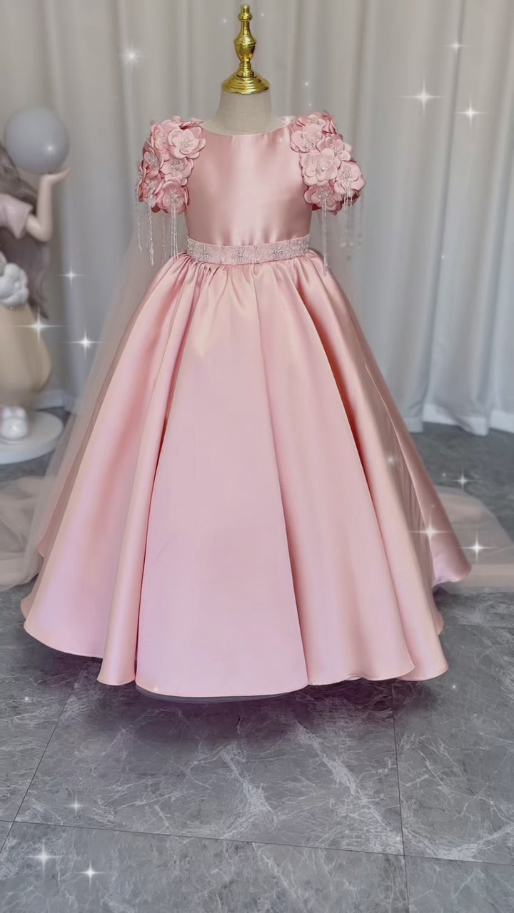 DreamyVow Luxury Dusty Pink Girl Dress Beadeds Arabic with Cap J037