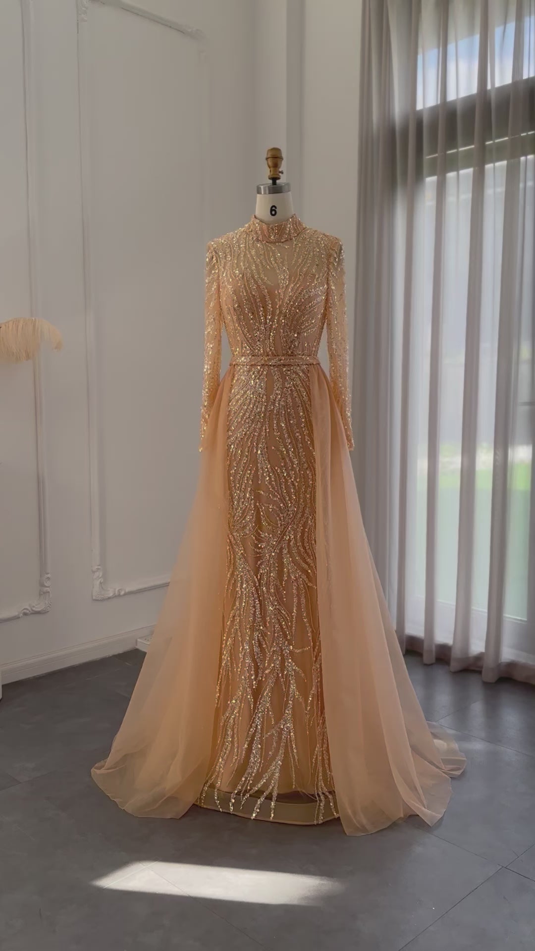 Dreamy Vow Elegant Gold Mermaid Arabic Evening Dress with Overskirt Long Sleeves Luxury Muslim Wedding Formal Party Gown SS271