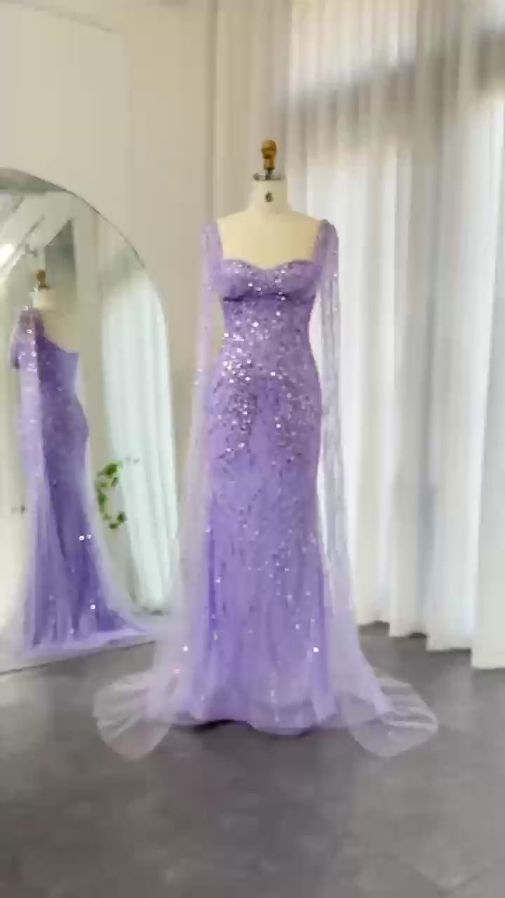 Dreamy Vow Lilac Mermaid Luxury Dubai Evening Dresses with Cape Sleeves Elegant Arabic Women Wedding Formal Party Gowns SS237