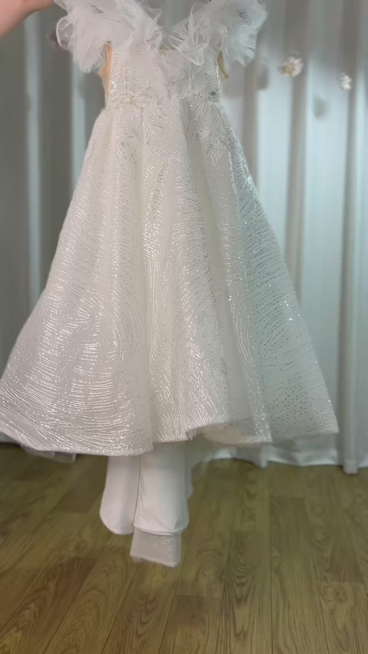 DreamyVow Shiny Flower Girl Dresses White A-Line Pearls Prom Formal Gown for Birthday Wedding Party Performance Show Honors J028