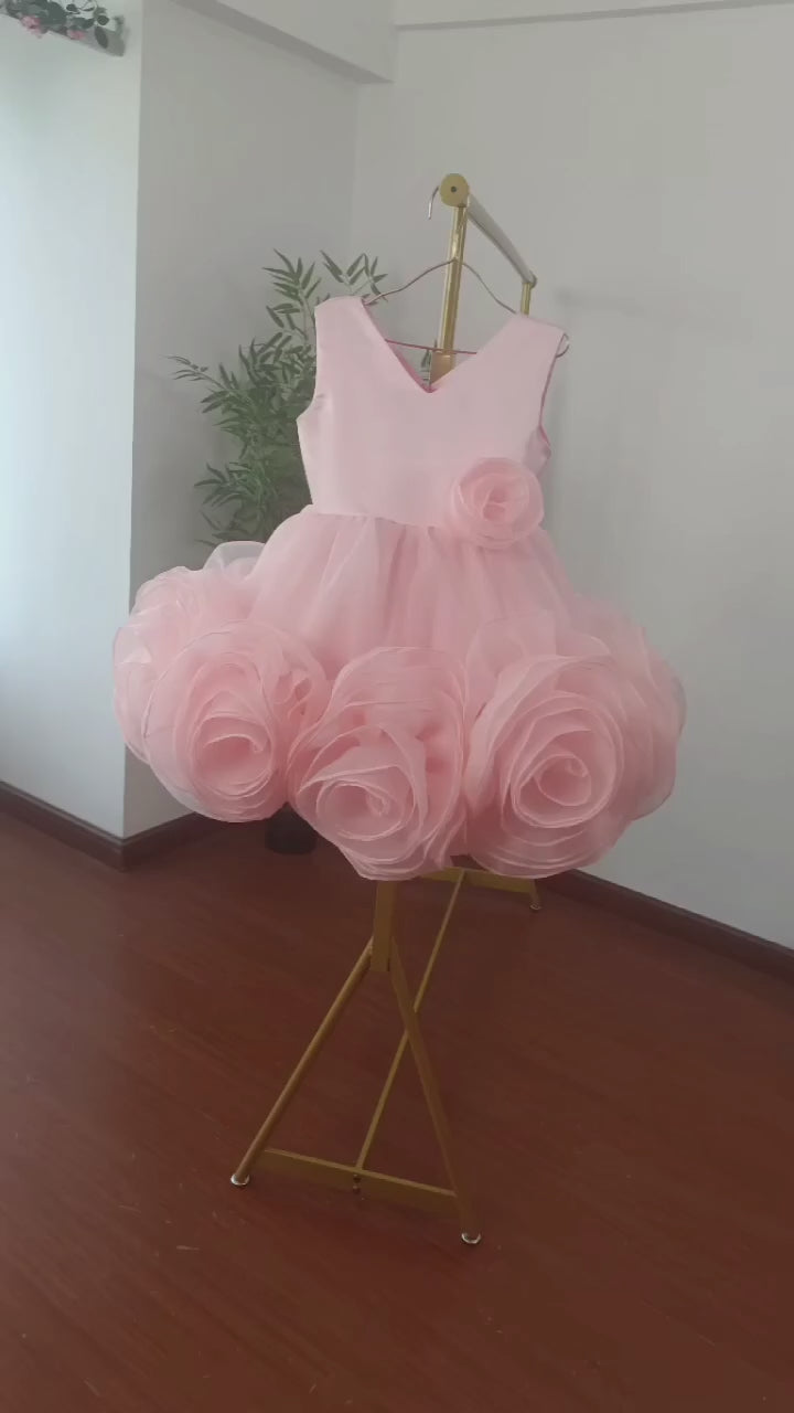 DreamyVow Elegant Pink Arab Girl Dress Handmade Flowers V-Neck Kids Princess Birthday Wedding Party Gown J158