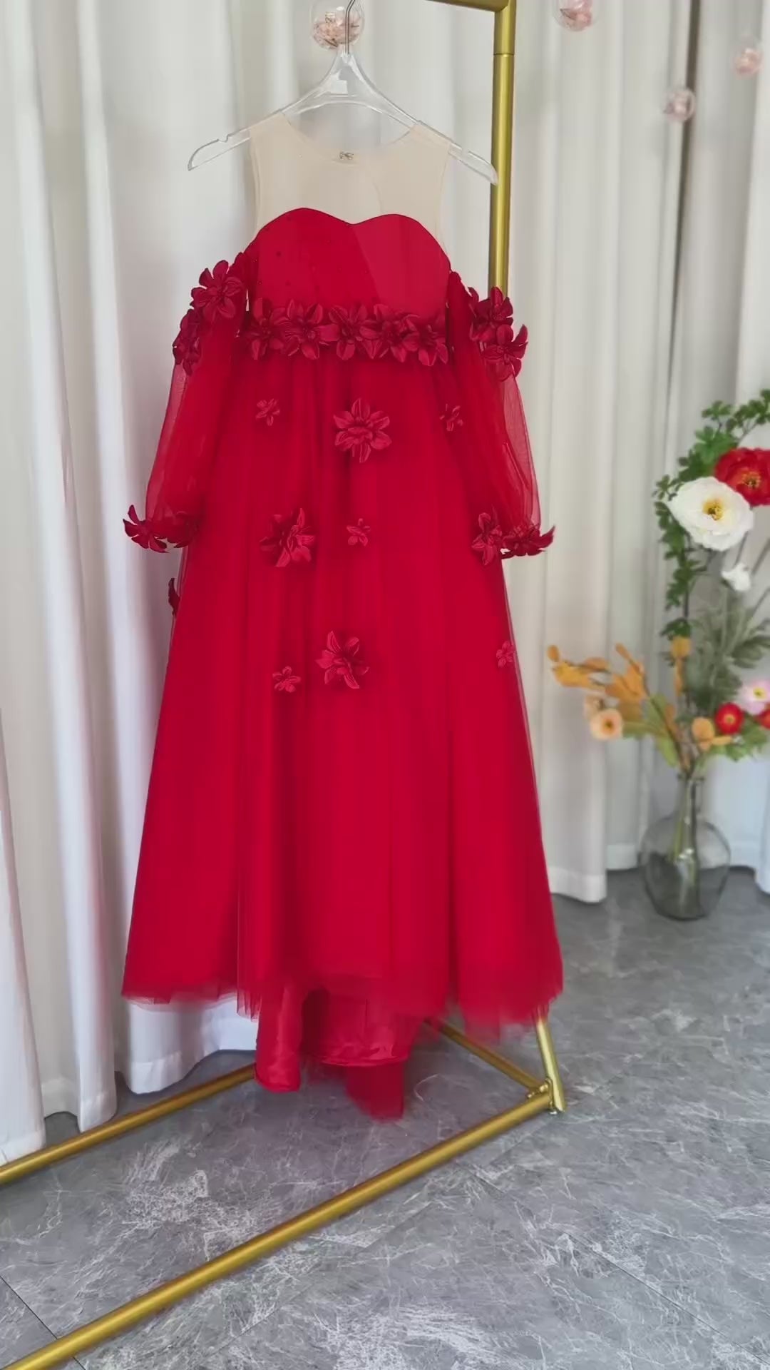 DreamyVow Elegant 3D Flowers Red Girl Dress Long Sleeve Princess Gown J274