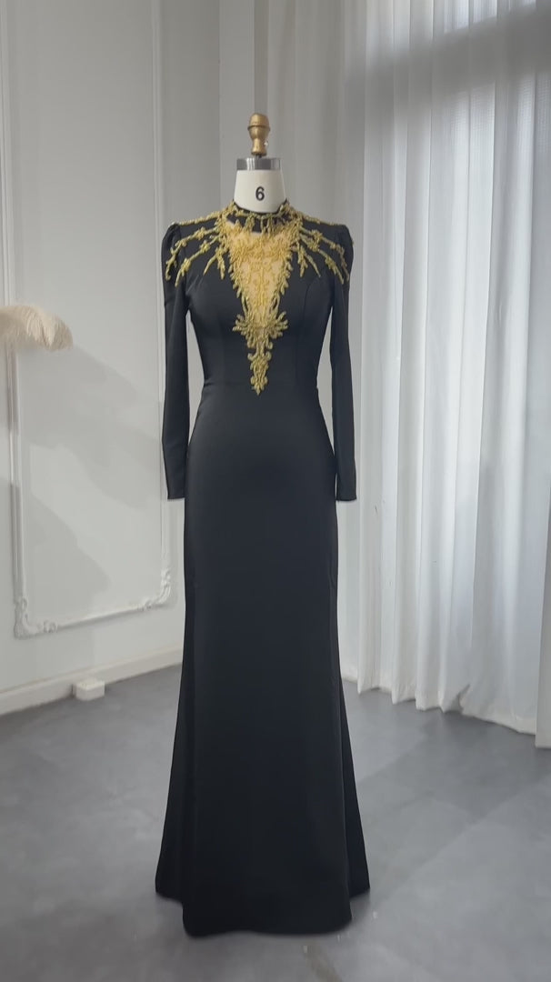 Elegant Black Long Sleeves Evening Dress with Gold Beaded SS217