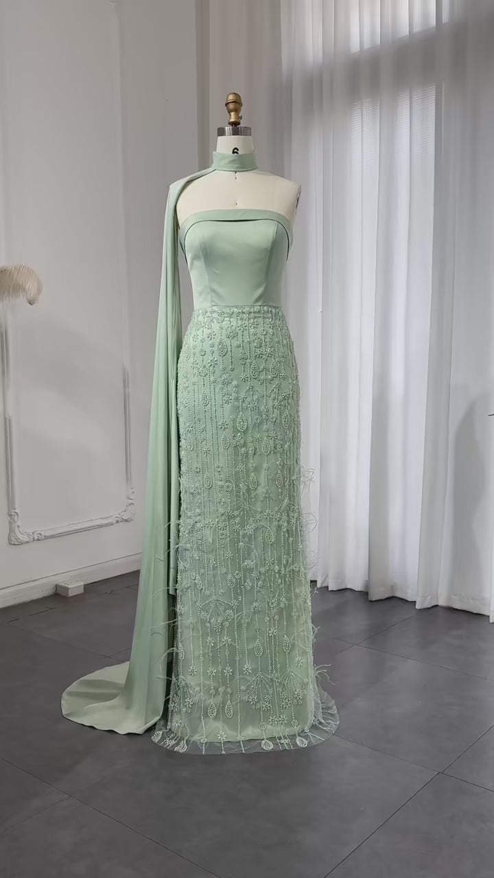 Dreamy Vow Luxury Sage Green Feathers Evening Dress with Scarf Cape SS014