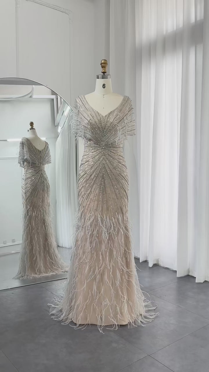 Dubai Feathers Khaki Mermaid Evening Dresses SS210