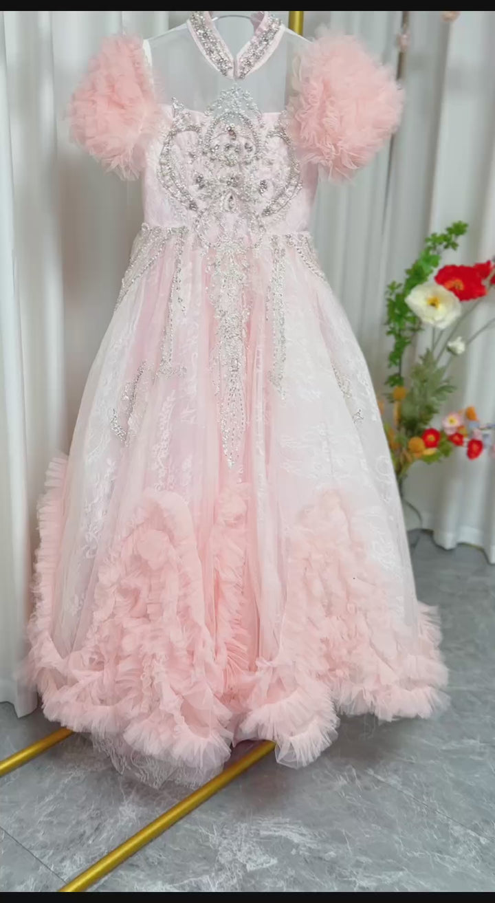 DreamyVow Luxury Pink Dubai Girl Dress Beaded Arabric Ball Gown J267