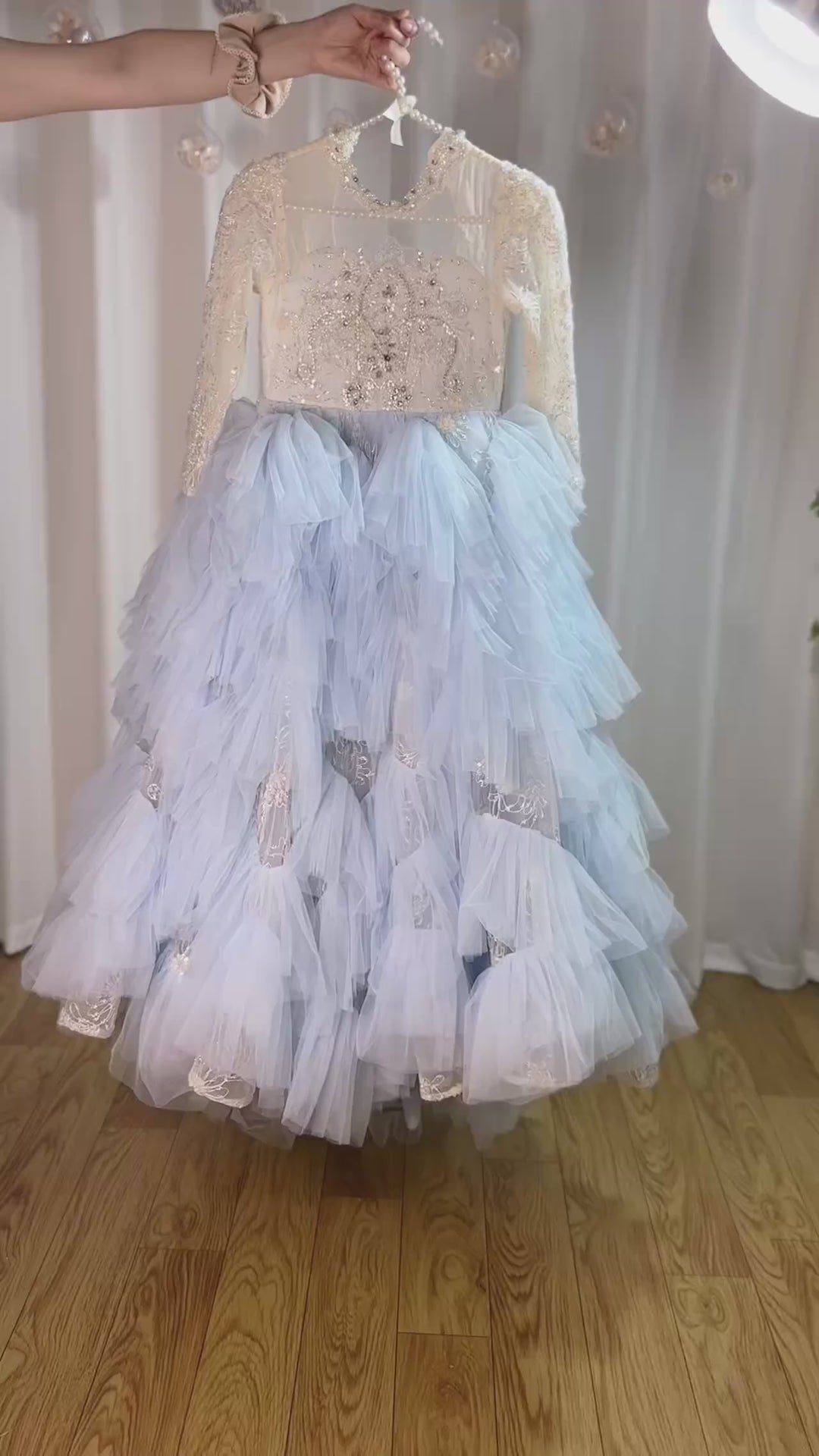 DreamyVow Luxury Blue Dubai Girl Dress Beaded Pearls Arabic Princess Kids Wedding Birthday Party Long Ball Gown 2024 J381