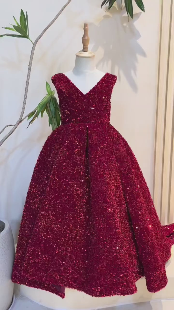 DreamyVow Luxury Shiny Dubai V-Neck Burgundy Girl Dresses Princess Gown J087