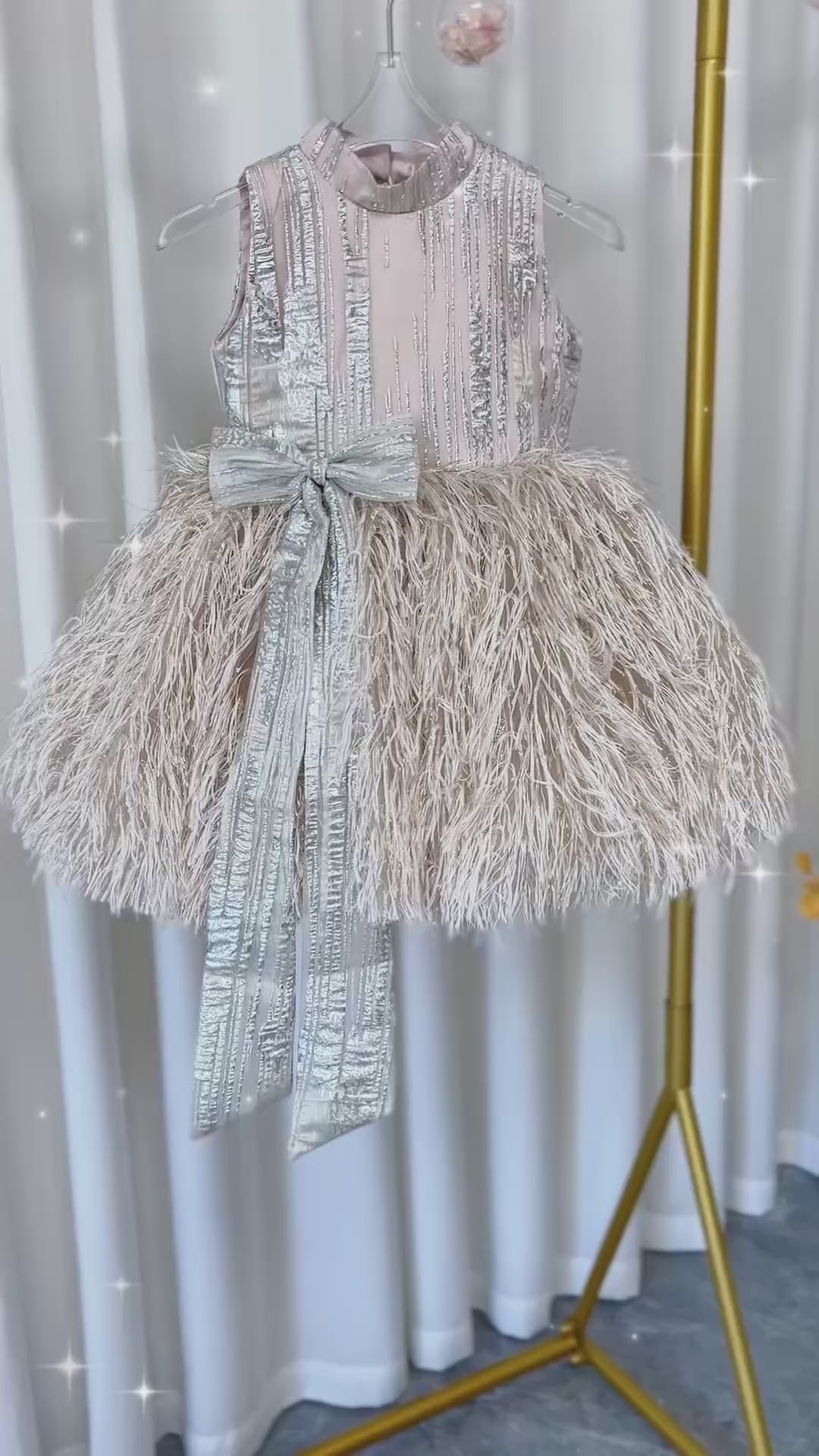 DreamyVow Luxury Champagne Girl Dress Feathers Dubai Kids Pink J323