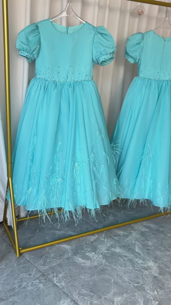 DreamyVow Luxury Turquoise Dubai Girl Dress Beaded Feathers Arabic Princess J380