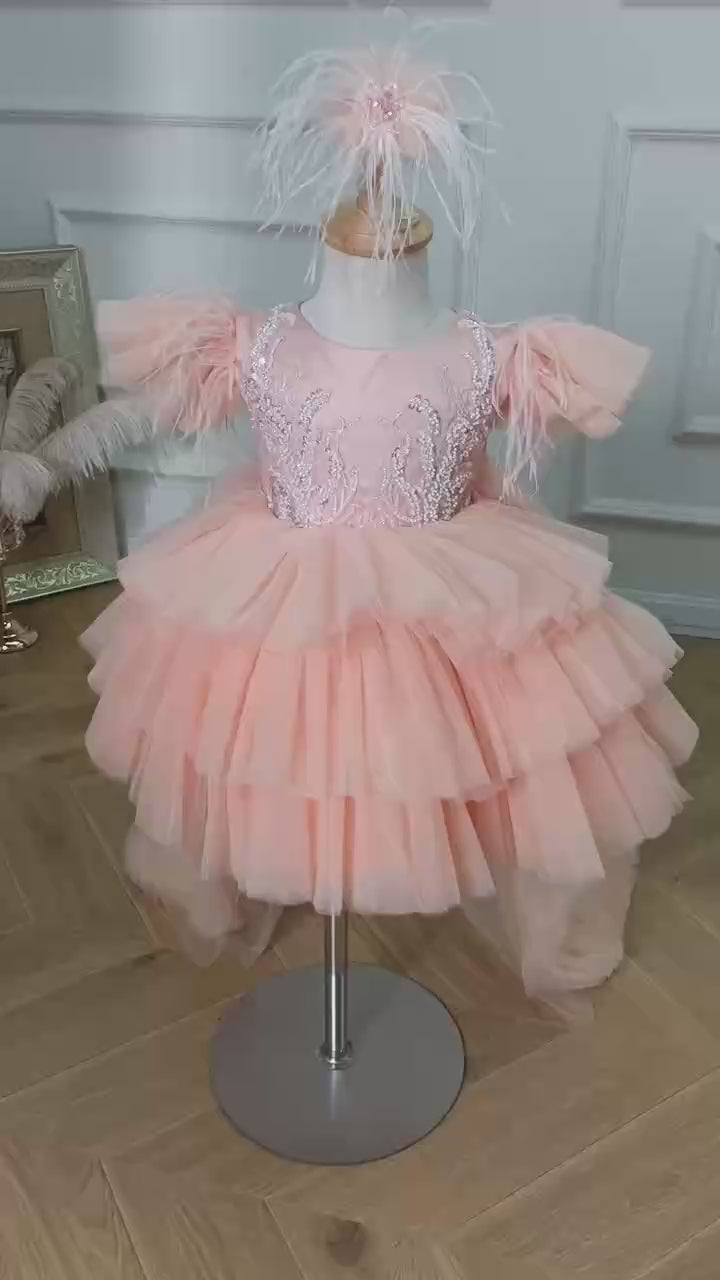 DreamyVow Pink Baby Puffy Sleeve Beads Knee Length Birthday Girl Dress J045