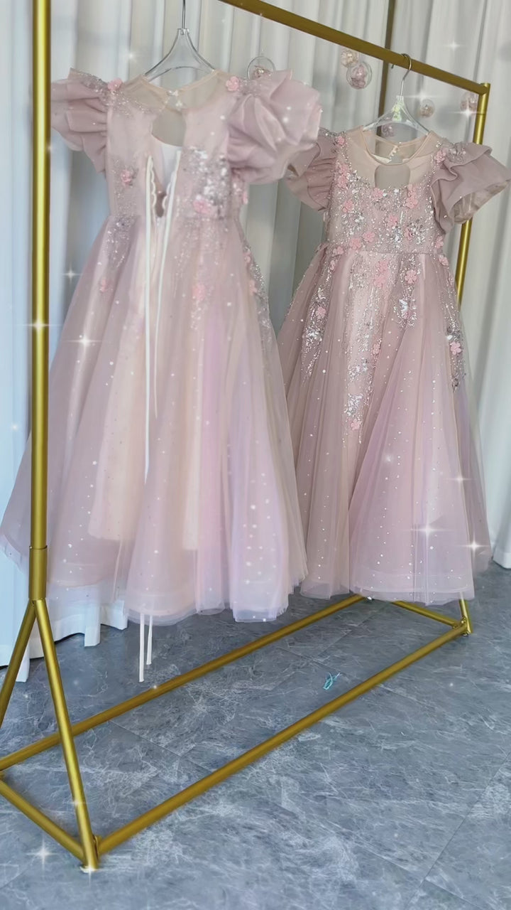 DreamyVow Luxury Pink Dubai Girl Dress 3D Flowers Pearls Arabic Princess Kids Wedding Birthday Party Long Ball Gown 2024 J384