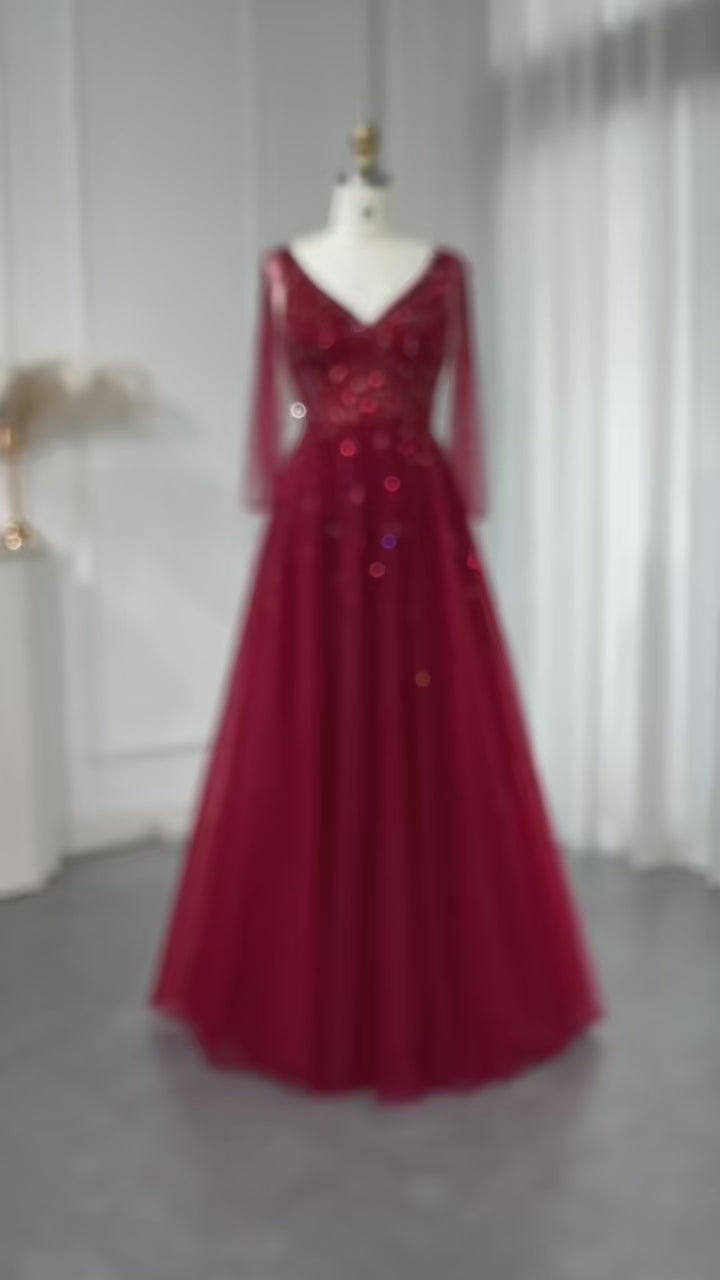 Dreamy Vow Luxury Wine Red Dubai Evening Dresses with Cape Sleeves SS583