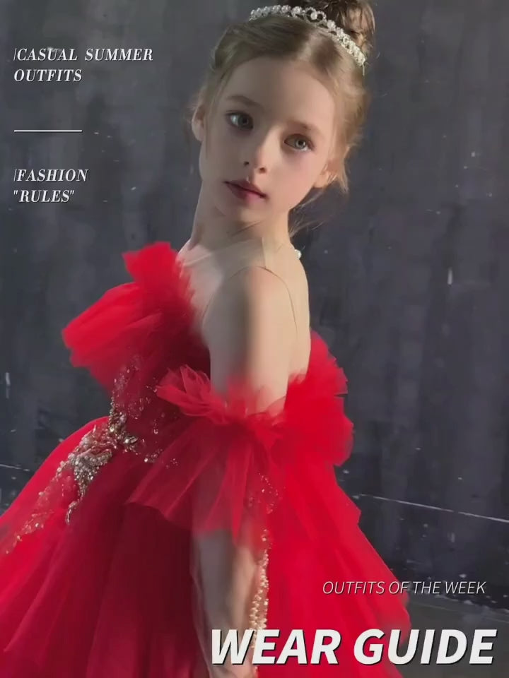 DreamyVow Luxury Red Beaded Tulle Girl Dress for Birthday Party J108