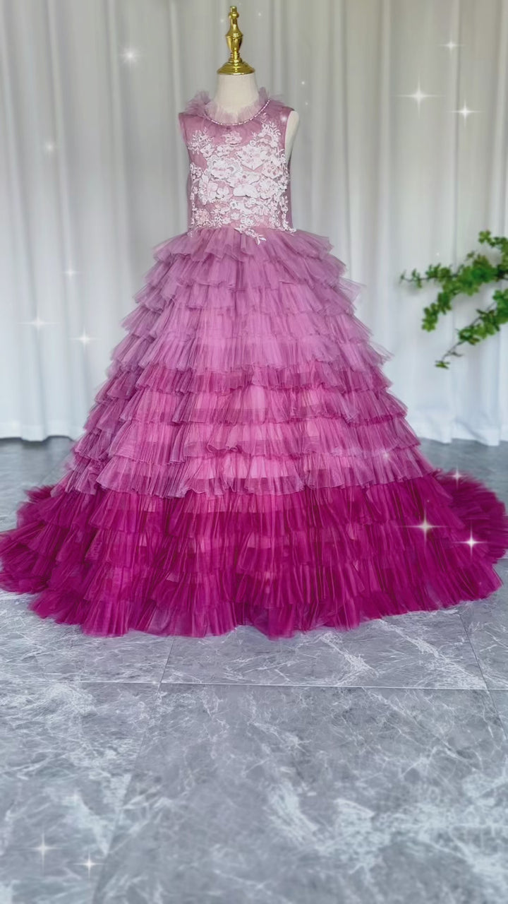 DreamyVow Luxury Fuchsia Flower Girl Dress Tiered Applique Princess A-Line Gown for Kids Birthday Wedding Party Pageant J017