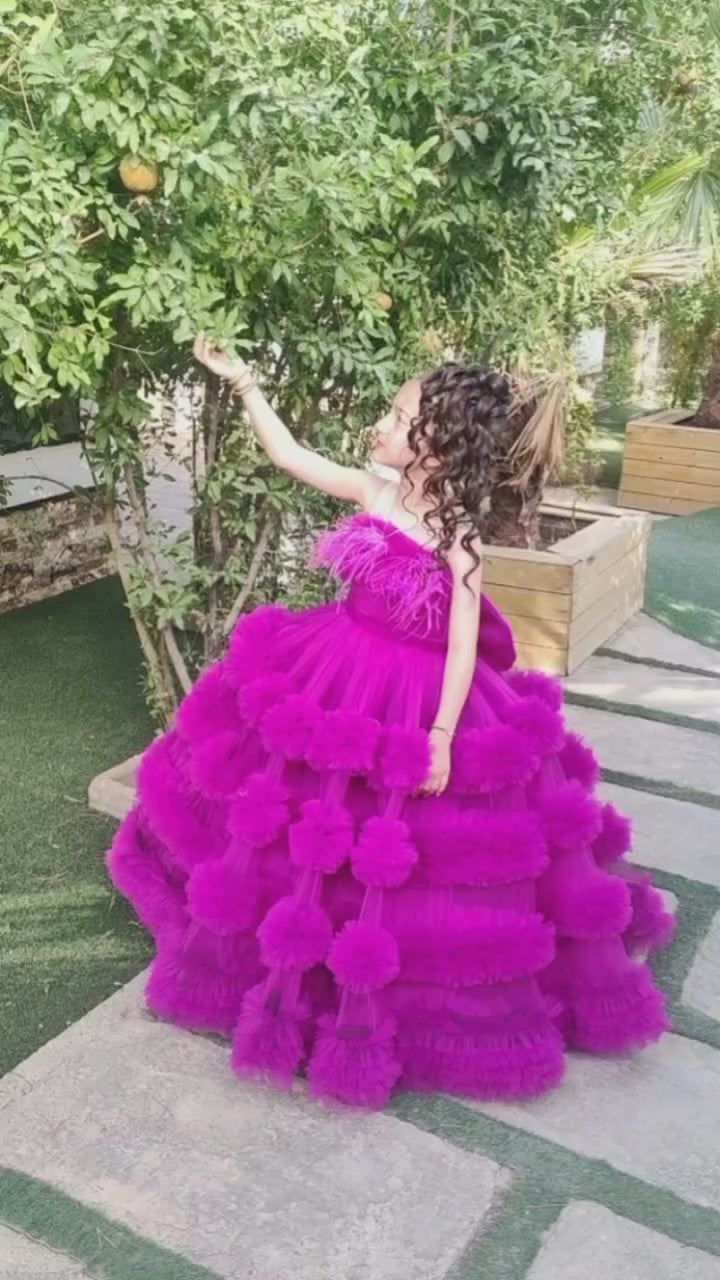 DreamyVow Luxury Purple Girl Dress with Feathers White Princess Birthday J075