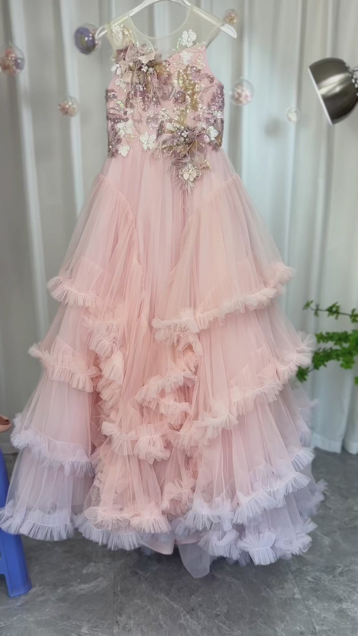 DreamyVow Luxury Blush Flower Girl Dress Feathers Arabic Princess Kids Wedding Birthday Party Ball Gown Holy Communion 2024 J246