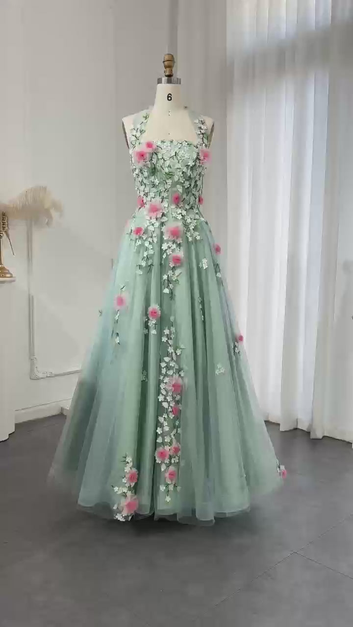 Dreamy Vow Arab Chic 3D Flowers Halter Aqua Evening Dress SS219