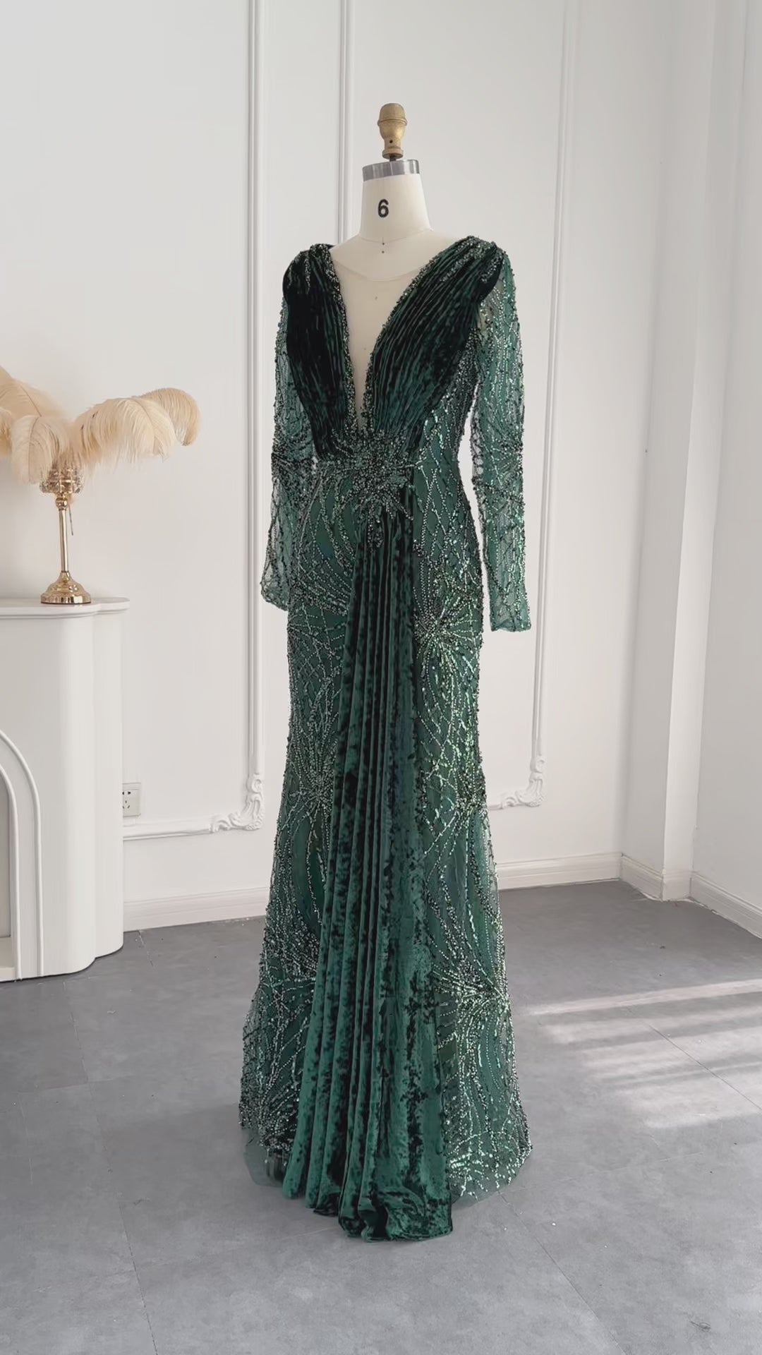 Dreamy Vow Emerald Green Velvet Mermaid Evening Dresses Long Sleeves Luxury Dubai Arabic Women Wedding Guest Party Dress SS500