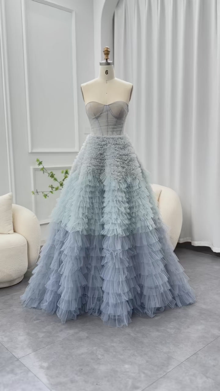 Chic Blue Ombre Tiered Ruffles Evening Dresses for Women Party SF086