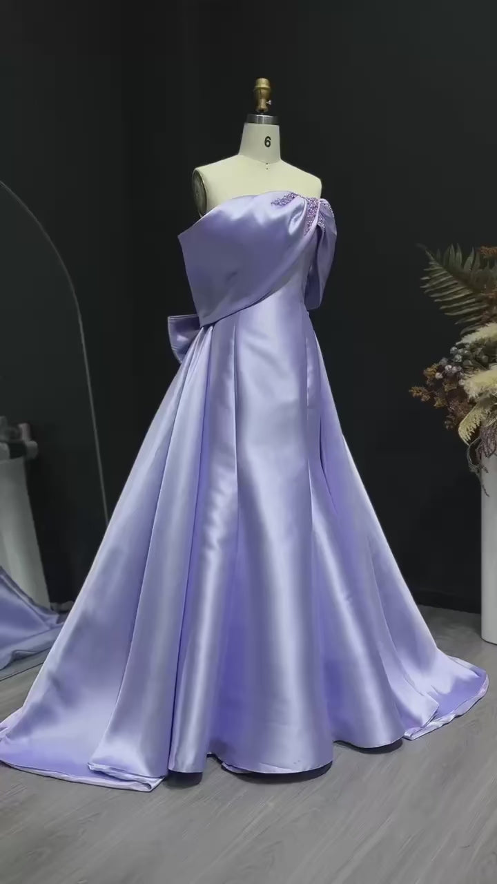 Elegant Off Shoulder Lilac Evening Dress with Overskirt SF084