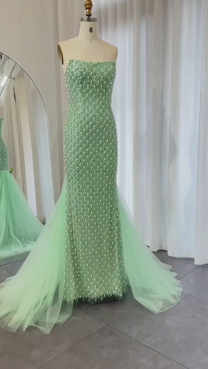 Luxury Crystal Mermaid Sage Green Evening Dress with Cape SS431