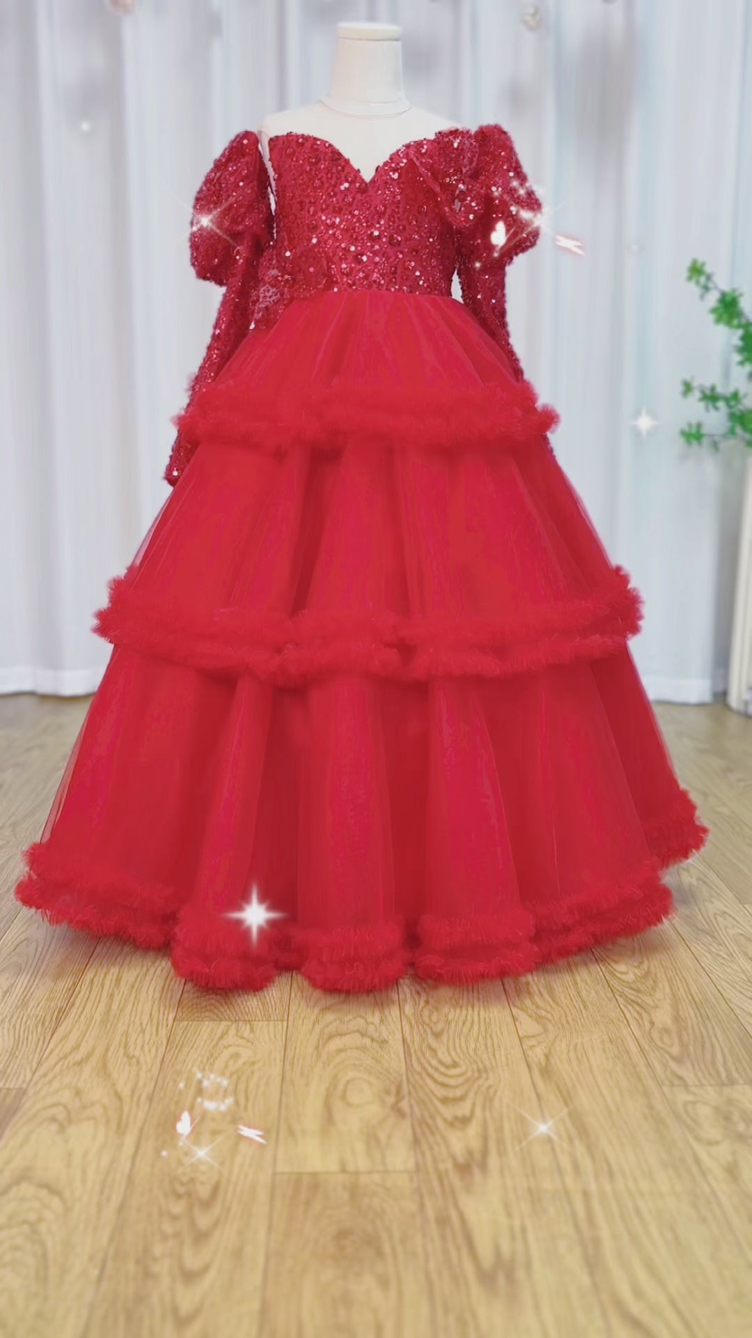 DreamyVow Red Girl Dress Sequined Long Sleeve  Birthday Wedding Party Gown J224