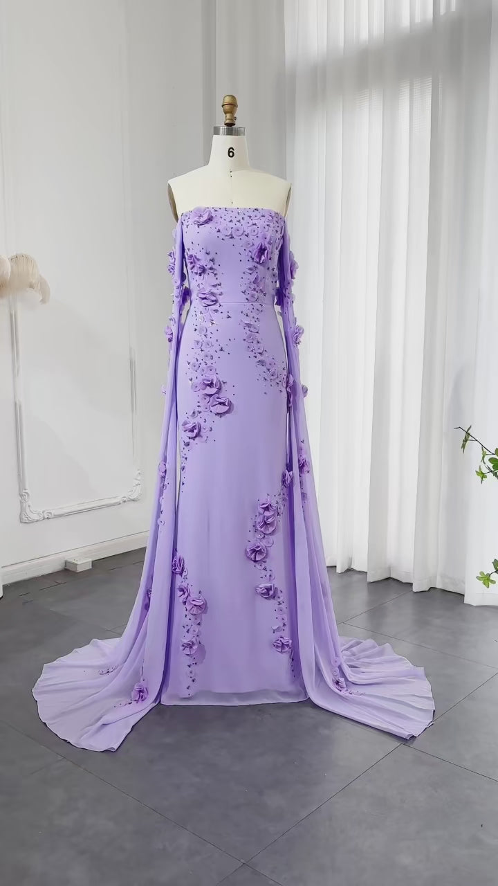 Elegant Off Shoulder Lilac 3D Flowers Dubai Evening Dress SS450