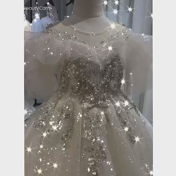 DreamyVow Luxury Arabic Champagne Flower Girl Dress 2023 Pearl Beaded Princess Gown for Kids Wedding Birthday Party Pageant J009