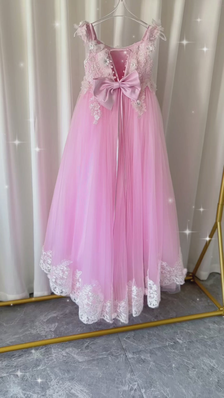 DreamyVow Luxury Pink Tulle Lace Girl Dress Sweep Train Ball Gown J178